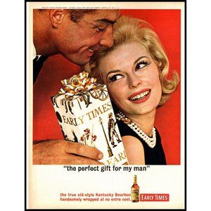 1963 Early Times Bourbon Vintage Print Ad Christmas Gift Box Blonde Pearls Art